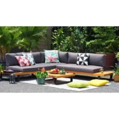 ALUXE Salon De Jardin En Bois D'acacia Et Pieds En Aluminium, Canapé D'angle Et Une Table Basse