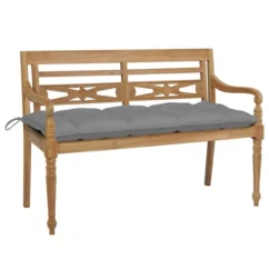 Banc Batavia Avec Coussin Gris 120 Cm Bois De Teck Massif