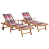 Chaises Longues 2 Pcs Avec Coussin Carreaux Rouge Teck Solide