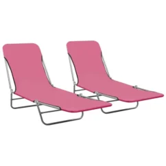 Chaises Longues Pliables 2 Pcs Acier Et Tissu Rose