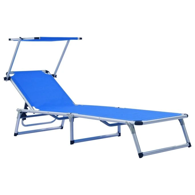 Chaises Longues Pliables Et Toit 2 Pcs Aluminium Textilène Bleu 2 Chaises Longues Pliables Et Toit 2 Pcs Aluminium Textilène Bleu – Image 2