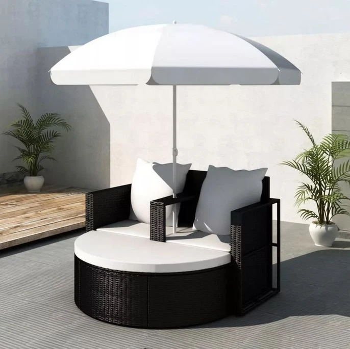 Lit De Jardin Avec Parasol Résine Tressée Noire Uvo 4 Lit De Jardin Avec Parasol Résine Tressée Noire Uvo – Image 4