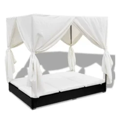 Lit De Jardin Avec Rideaux Résine Noire Et Tissu Blanc Uvo