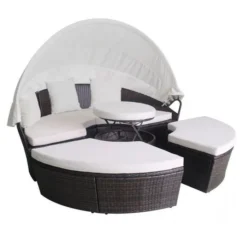 Lit De Jardin Avec Toit Et Table Résine Tressée Marron Velass