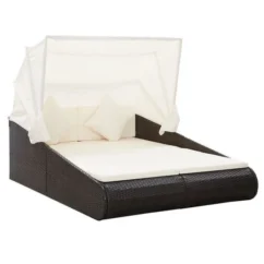 Lit De Jardin Avec Toit Tissu Blanc Et Résine Marron Nov