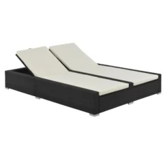 Lit De Jardin Double Tissu Beige Et Résine Tressée Noire Luvi