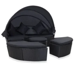 Lit De Jardin Modulable à Auvent Résine Et Tissu Noir Velass