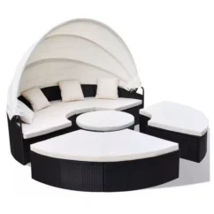 Lit De Jardin Rond Avec Toit Résine Tressée Noire Velass