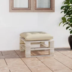 Repose-pied Palette De Jardin Avec Coussin Crème Bois De Pin