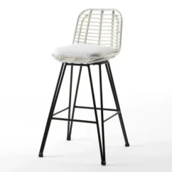 Tabouret Haut De Jardin Rotin Synthétique Blanc Et Métal Noir Ousfa